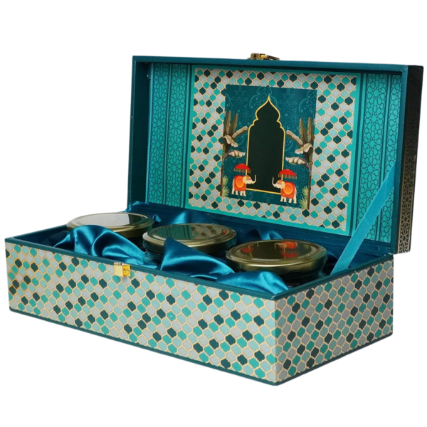 Premium Dry Fruit Gift Box with 3 Designer Glass Jars – Elegant Floral Packaging for Festive & Corporate Gifting