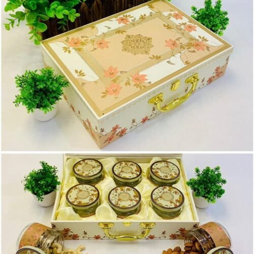 Premium Dry Fruit Gift Box with 6 Designer Glass Jars – Elegant Floral Packaging for Festive & Corporate Gifting