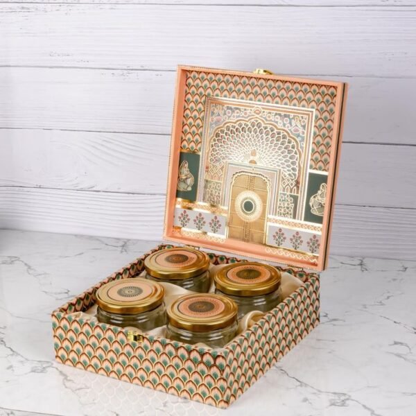 Premium Dry Fruit Gift Box with 4 Designer Glass Jars – Elegant Floral Packaging for Festive & Corporate Gifting